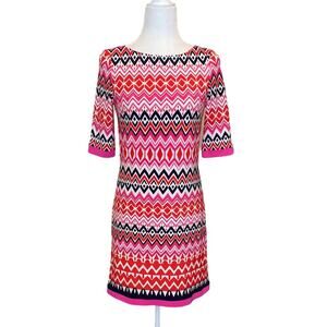 ELIZA J Red Pink & Black Geo Chevron Pattern Dress‎ Size 2